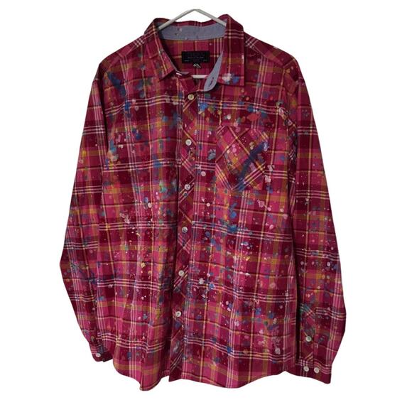 Mishka Mnwka Large Long Sleeve Button Up Pink Plaid Paint Splatters - Picture 1 of 5
